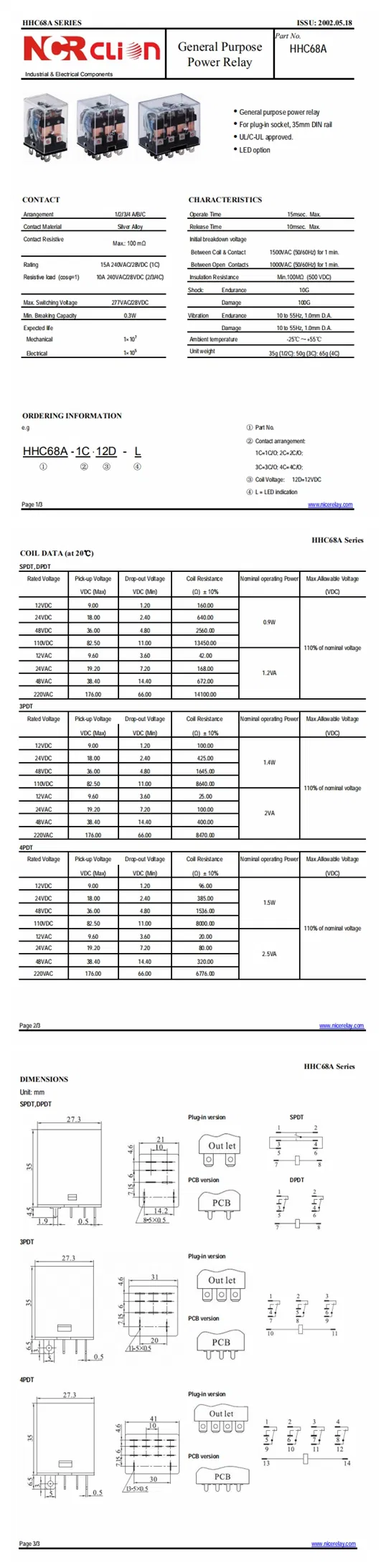 125VDC General-Purpose Relay /Industrial Relay (HHC68A-1Z)