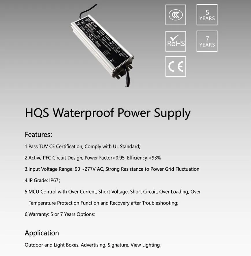 200W 5/7 Years Warranty LED Power Supply with High Efficiency Pfc LED Driver