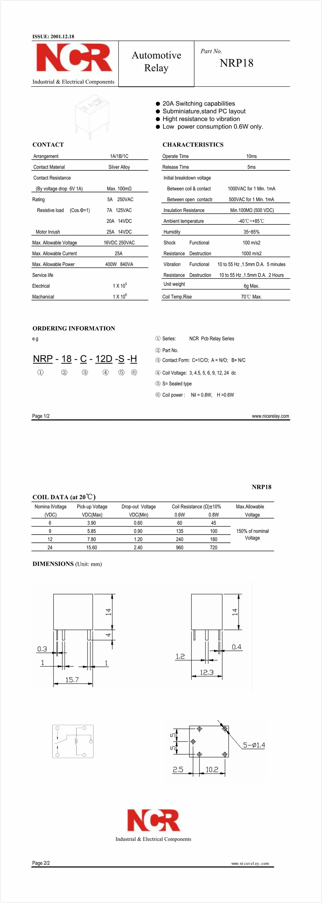 9V 30A Automotive Relay/ Car Relay (NRP18/T78)