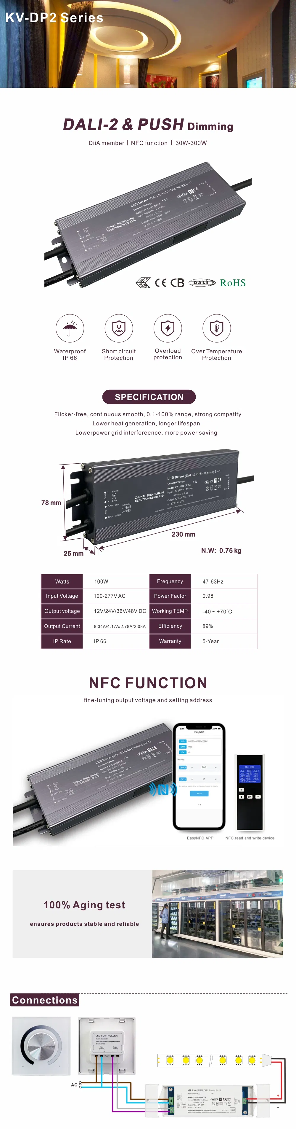 IP66 Design Dali Push Dim Power Supply 700mA 800mA 36V Waterproof LED Driver