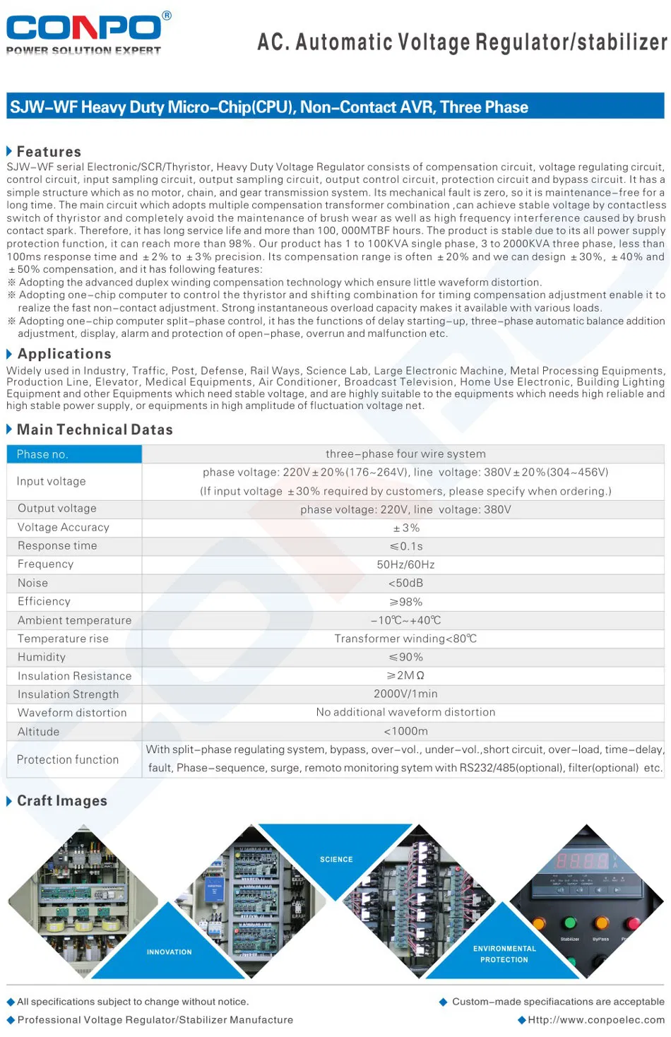 Jw-Wf-225kVA 3phase Electronic Heavy Duty (SCR/IGBT/Thyistor) , Contactless Voltage Stabilizer/Regulator