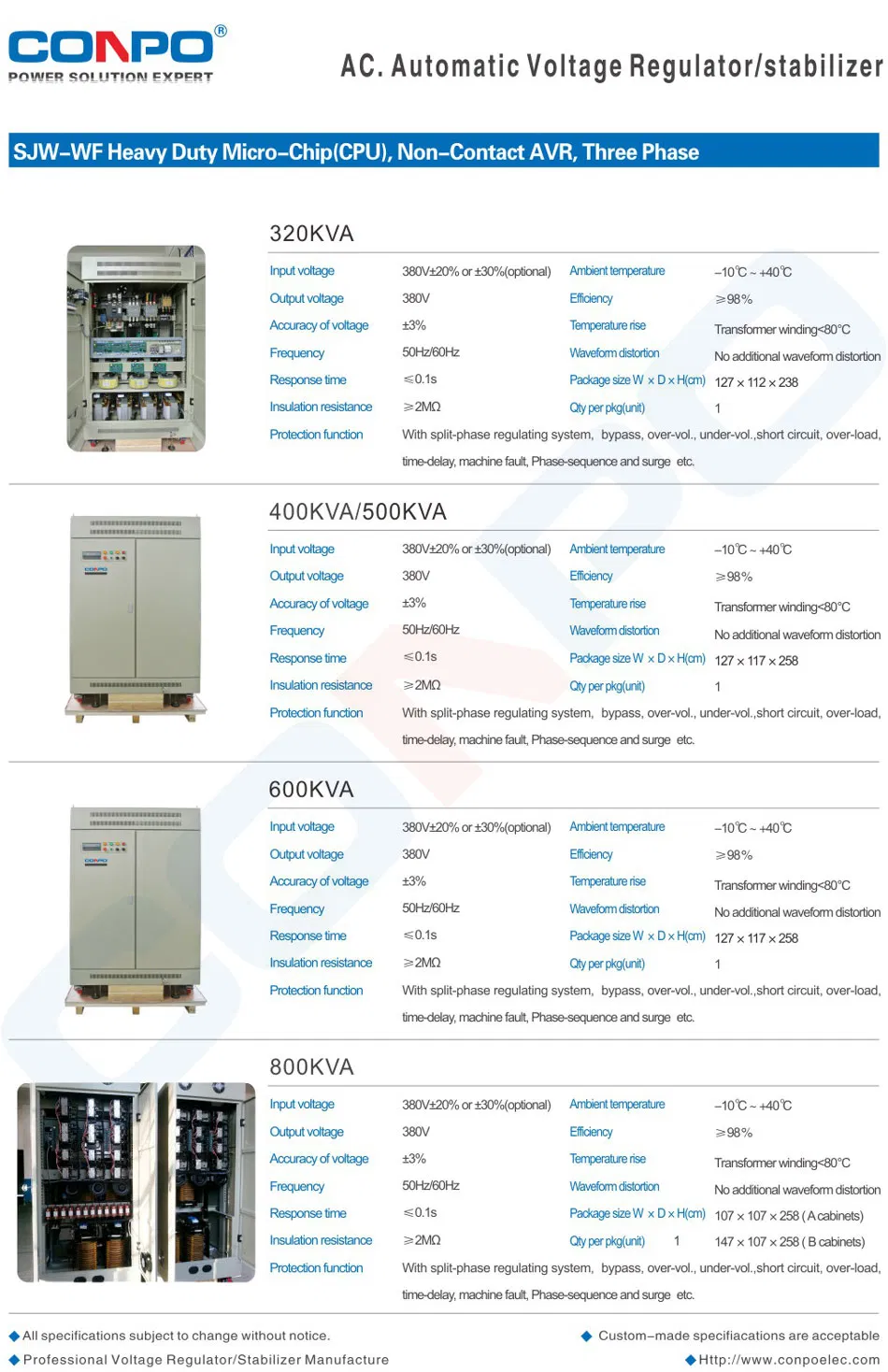 Jw-Wf-225kVA 3phase Electronic Heavy Duty (SCR/IGBT/Thyistor) , Contactless Voltage Stabilizer/Regulator