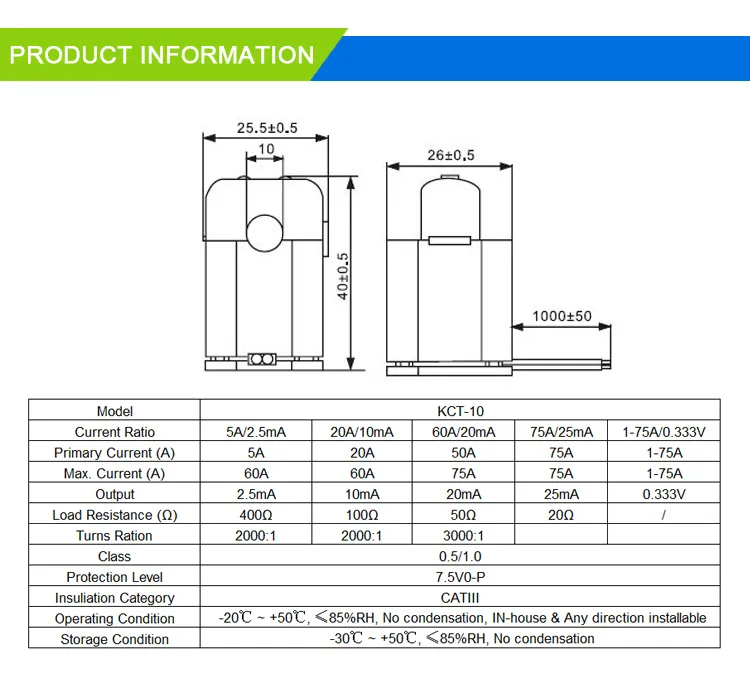 Kct-10 30A/60mA Cl: 0.5 UL1015AWG24 2c1meter/3meter to Clamp on Current Transformers