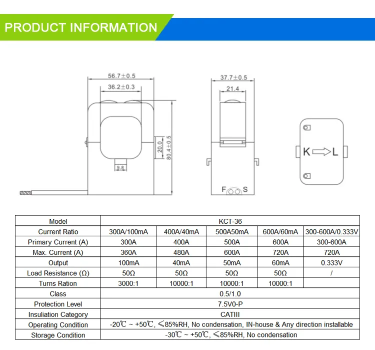 Kct-36 300A/60mA Cl: 0.5 Heyi Asct Split Core CT Easy to Install Clamp on Current Transformers