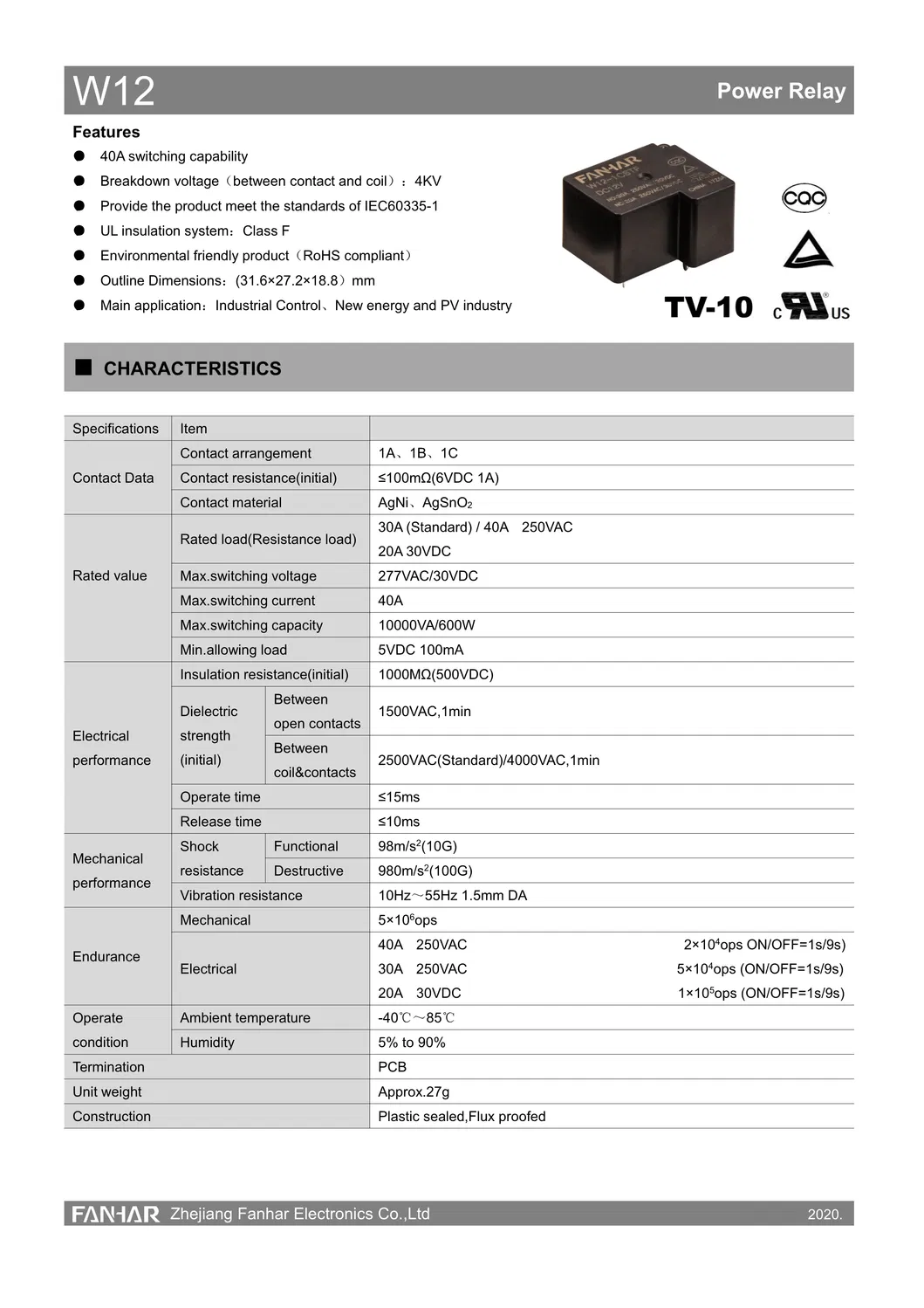 Power Relay with 1A Contact Arrangement