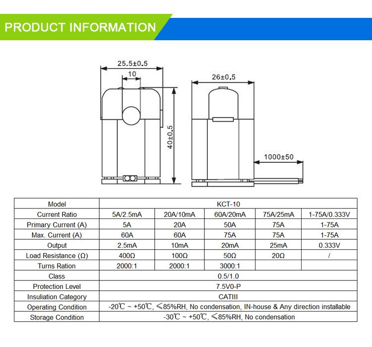Split Core CT Kct-10 75A/1V Heyi Asct Cl: 0.5 UL1015AWG24 Clamp on Current Transformers
