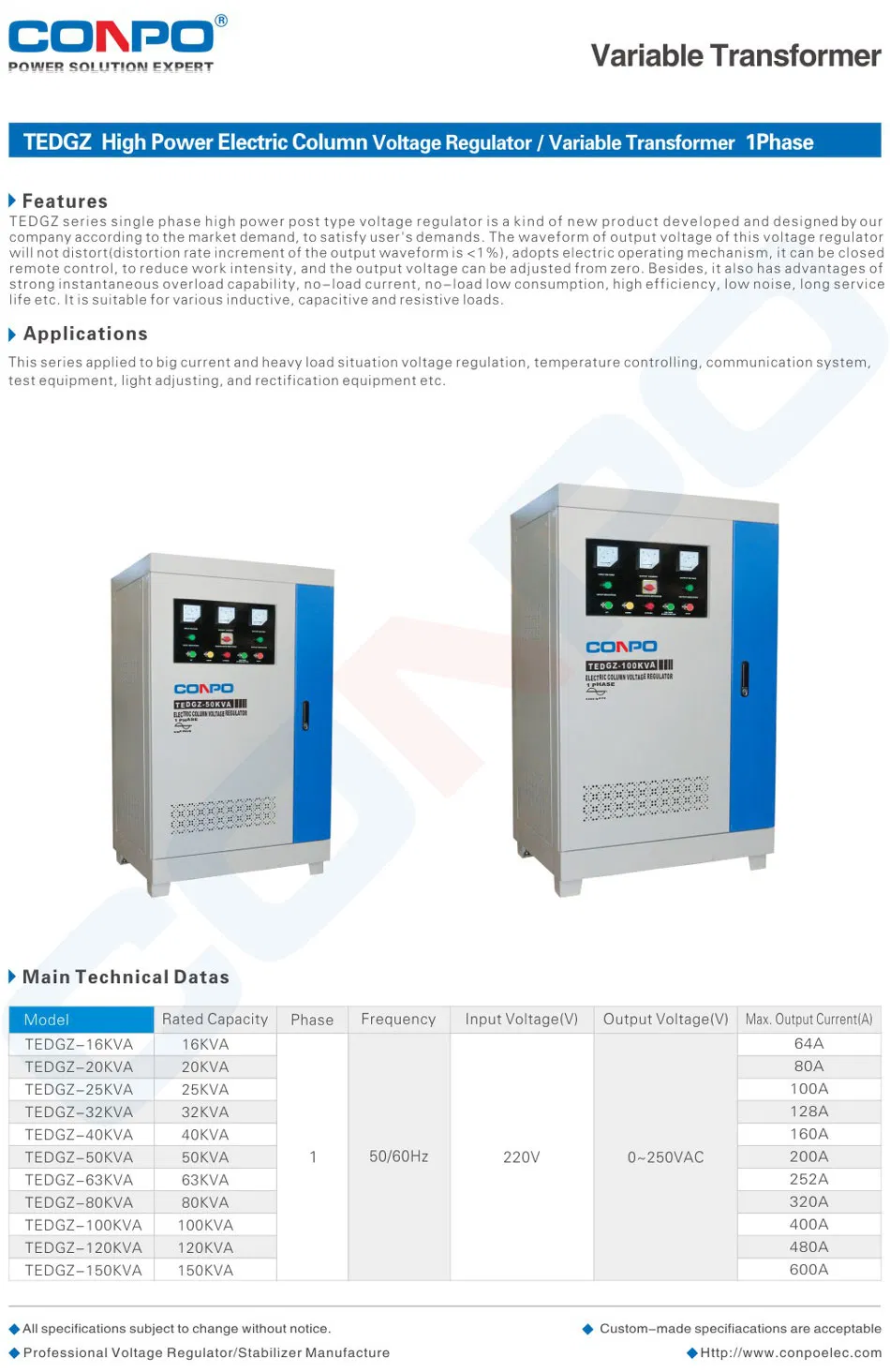 Tedgz-16kVA~150kVA 1phase Electric Column Voltage Regulator/Variable Transformer